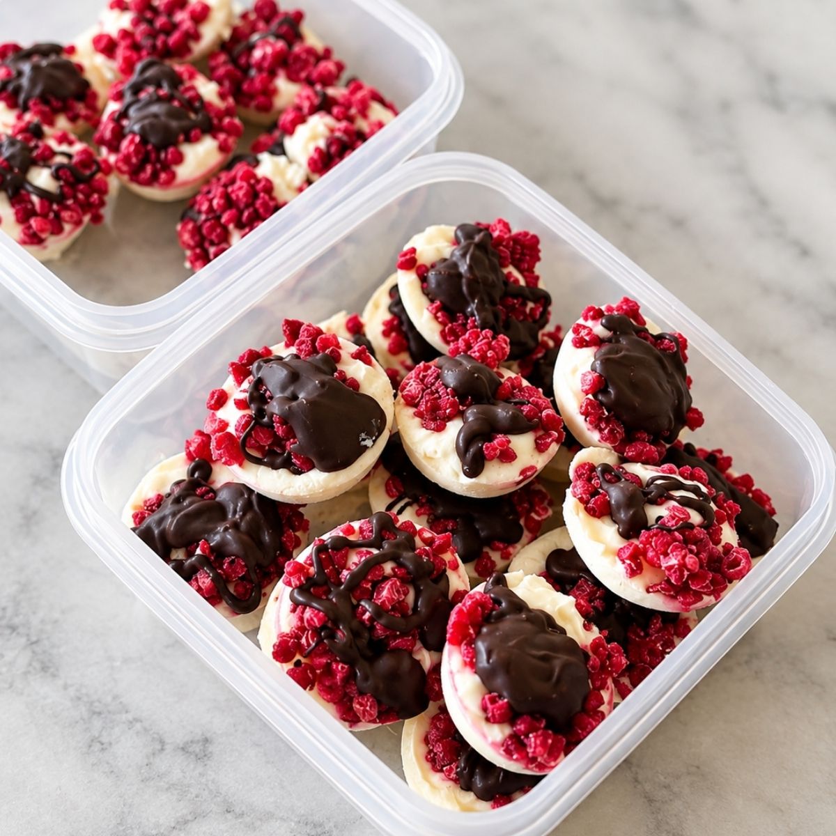 Homemade raspberry yogurt bites made with vanilla Greek yogurt, chia seeds, raspberries, and a dark chocolate topping