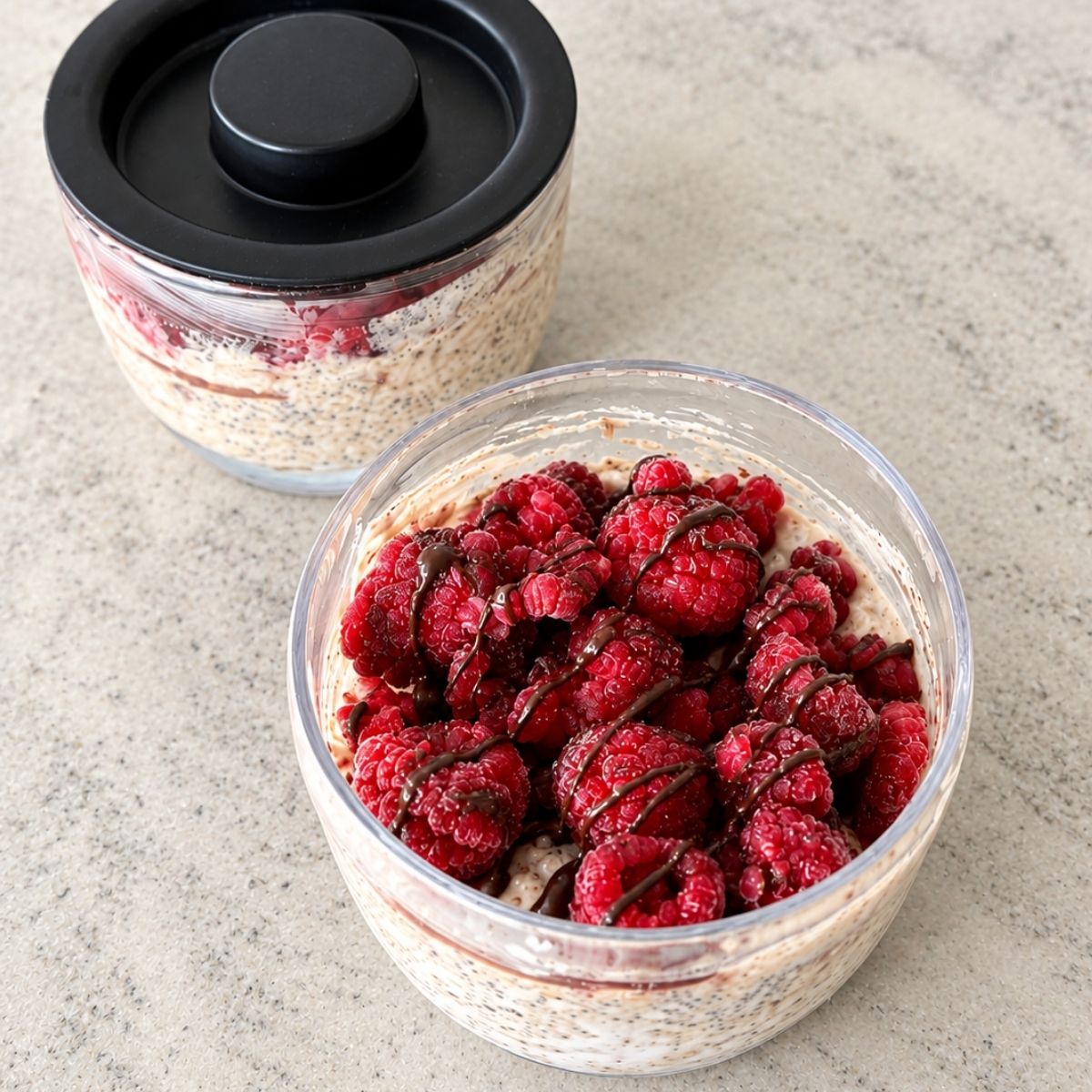Chocolate raspberry yogurt fluff topped with fresh-looking raspberries and a chocolate drizzle.